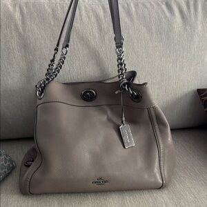 Coach Gray Leather Shoulder Bag with black silver chain details